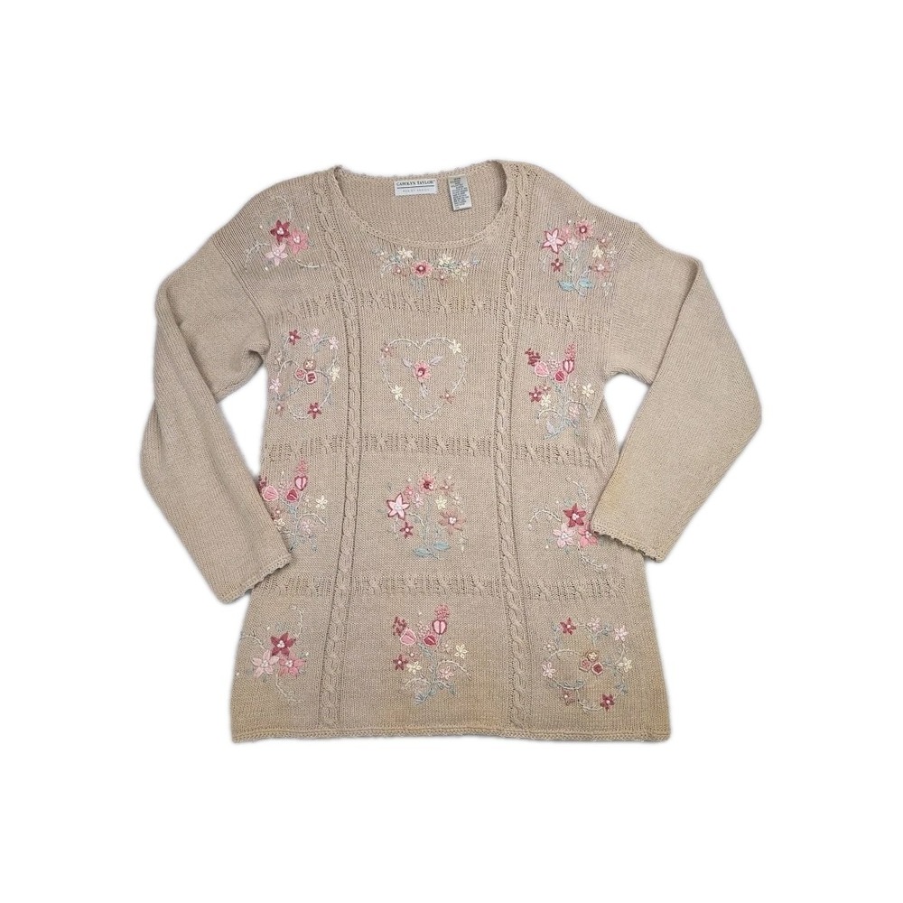 Vtg 1990s Embroidered Pearl Heart Flower Cable Knit Sweater Cottage Tan Tunic M - Picture 2 of 14